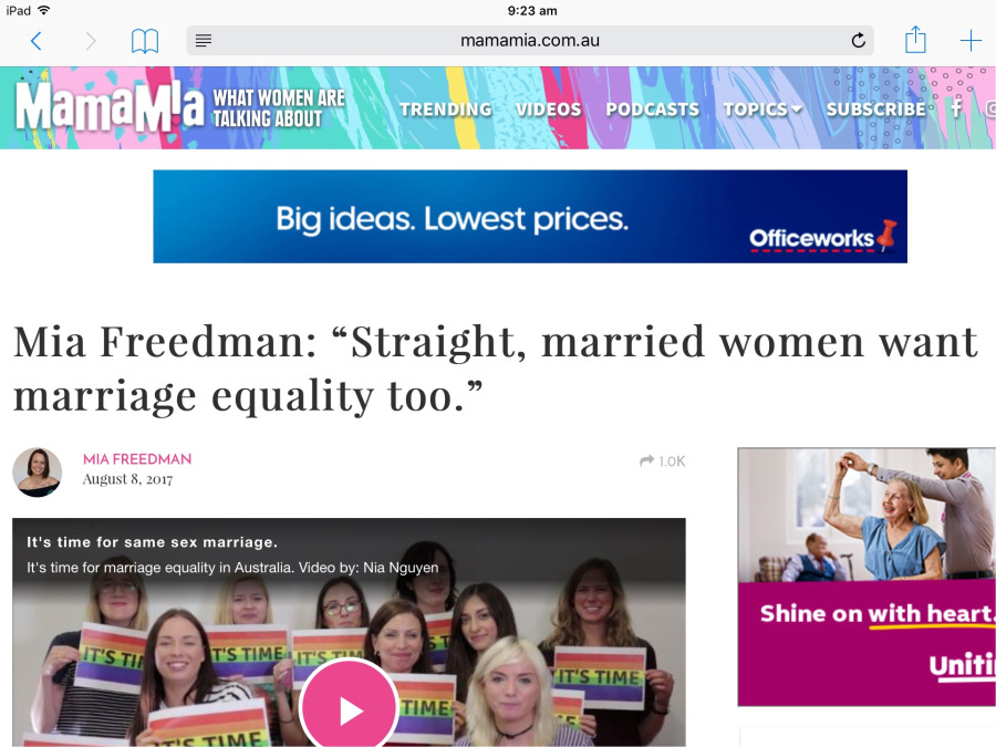 Screenshot of article that sparked the controversial "married4marriageequality campaign by Mia Freedman