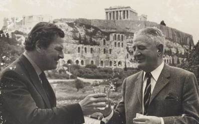Patrick Leigh Fermor, left, met Heinrich Kreipe, his former captive, at a reunion in Greece in 1972 which included the famous Greek TV show