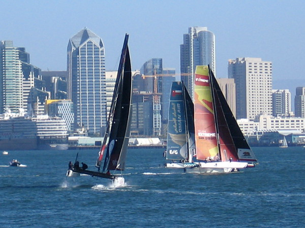 Super fast GC32 catamarans fly through and above San Diego Bay during an Extreme Sailing Series 2017 race!
