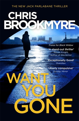 Image Description: book cover of Want You Gone by Christopher Brookmyre. The book-cover depicts a shadowy silhouette in the mid-background standing on a long concrete driveway/runway, behind the shadowy silhouette is a CBD landscape (lots of differently shaped buildings). The cover looks like it was a photo taken from the passenger seat of a car. The cover also has a blue tint over the whole cover with the title of the book in yellow text and white text for the author title.