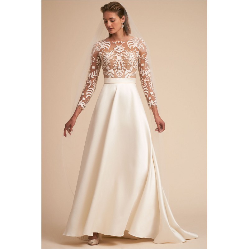 BHLDN Spring/Summer 2018 Serena Vintage Embroidery Aline Bateau Sweep Train Ivory Satin Long Sleeves Wedding Dress 0