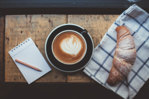 cappuccino, coffee, notebook, croissant, poetry