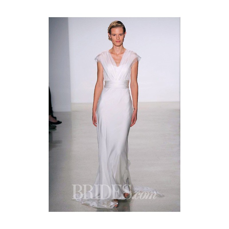 Christos - Fall 2014 - Satin and Chiffon V-Neck Sheath Wedding Dress with Flutter Sleeves 0
