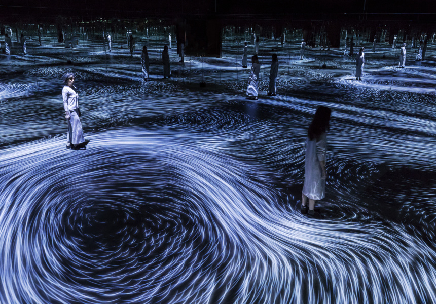 teamLab (design studio) Toshiyuki Inoko (designer). Moving Creates Vortices and Vortices Create Movement, 2017. Interactive digital projection, (duration variable). National Gallery of Victoria, Melbourne. 