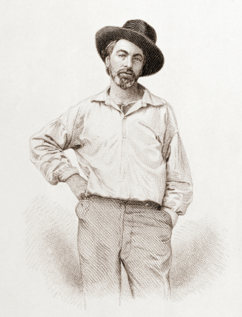 Walt Whitman, age 35, from Leaves of Grass, Fulton St., Brooklyn, N.Y., engraving by Samuel Hollyer from daguerreotype by Gabriel Harrison, public domain via Wikimedia Commons