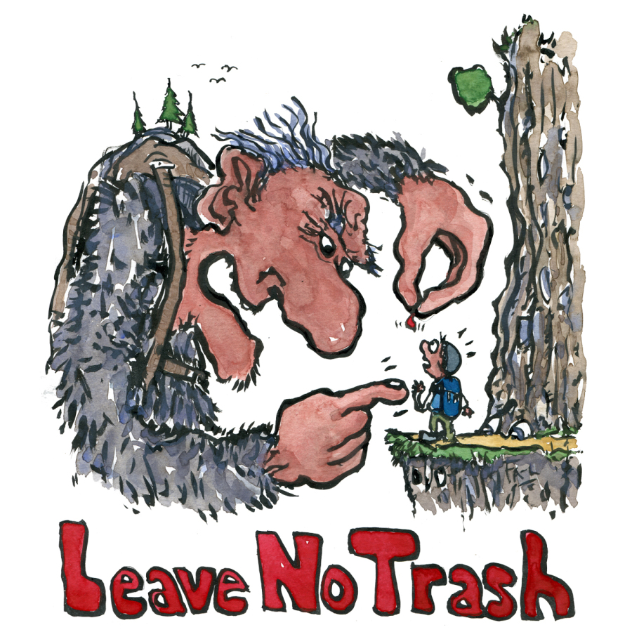 Hiker being explained not to litter by a big troll Leave no Trash text, illustration by Frits Ahlefeldt