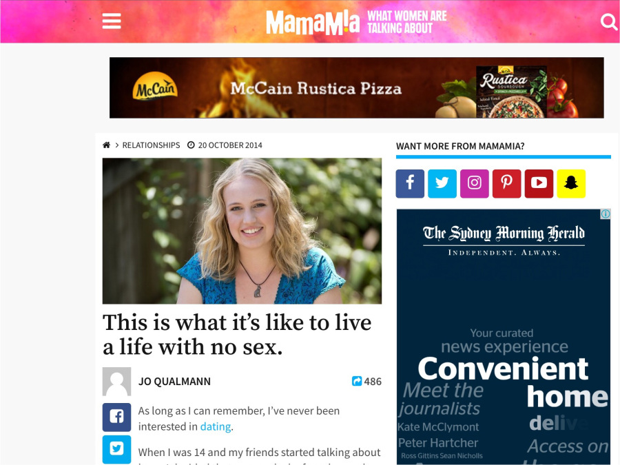 Screenshot of story featured in Mamamia on asexuality in 2014,written by Jo Qualmann