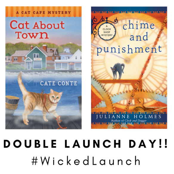 Picture of Cate Conte's CAT ABOUT TOWN and Julianne Holmes's CHIME AND PUNISHMENT with the caption DOUBLE LAUNCH DAY