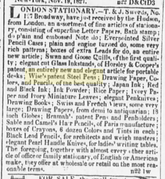 1827 Wise steel pens ad