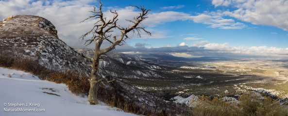 Winter scenic photo of Montezuma Valley from North Rim of Mesa Verde National Park, Colorado.