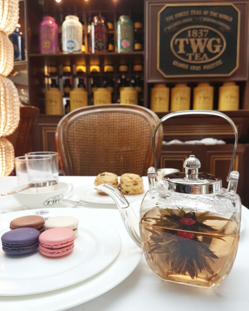 TWG cafe - flower tea, scones and macarons