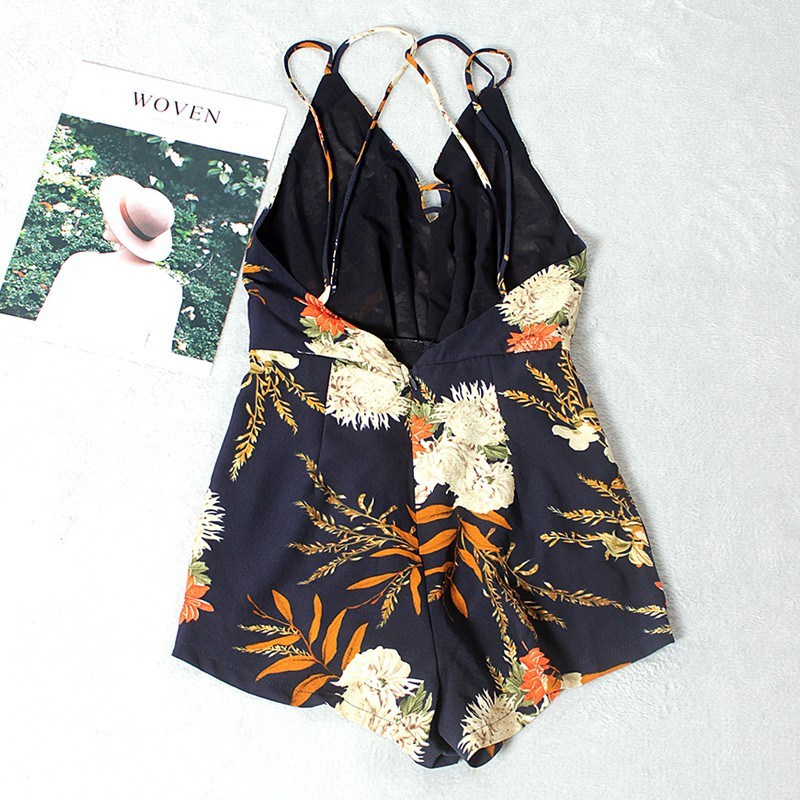 Sexy Vintage Open Back Tropical Printed Crossed Straps Strappy Top Jumpsuit Short 0