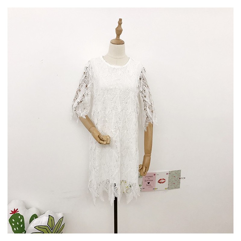 Feather Hollow Out Crochet A-line 3/4 Sleeves High Waisted Lace White Summer Dress Skirt 0