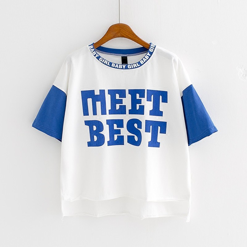 Printed Solid Color Short Sleeves High Low Alphabet Summer T-shirt 0