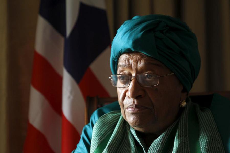 Liberia's President Ellen Johnson Sirleaf attends an interview ahead of the World Trade Organization Summit in capital Nairobi