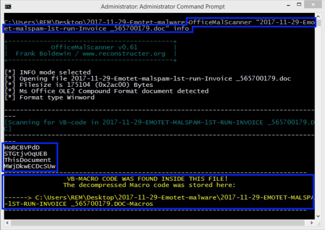 Figure 1: OfficeMalScanner extracting embedded macros from Word document