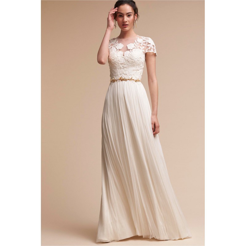 BHLDN 2017 Jazelle Sweep Train Open Back Ivory Aline Jewel Short Sleeves Appliques Chiffon Beach Bridal Dress 0