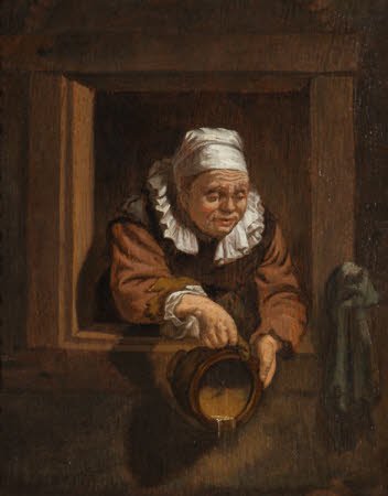 An Old Woman at a Window emptying a Chamber Pot by after Frans van Mieris the elder (Leyden 1635 - Leyden 1681)