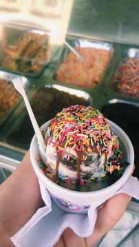 Ice cream with rainbow sprinkles and hard chocolate.