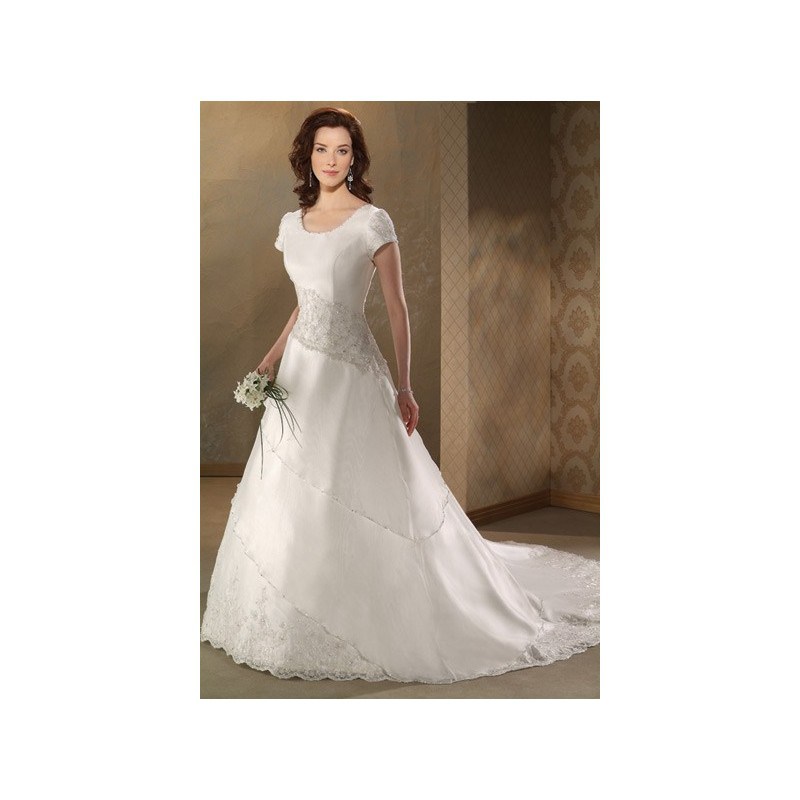 Graceful Short Sleeve Exquisitely Beaded Organza Brocade Wedding Dress 0