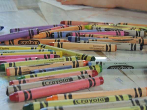 Crayons spread out on a table