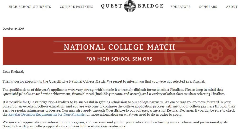 questbridge rejection letter Reeling from Rejection: College Application Edition